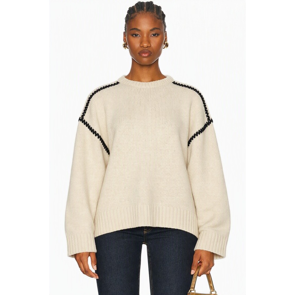 TOTEME Womens Embroidered Wool Cashmere Sweater L Cream Contrasting Whipstitch
